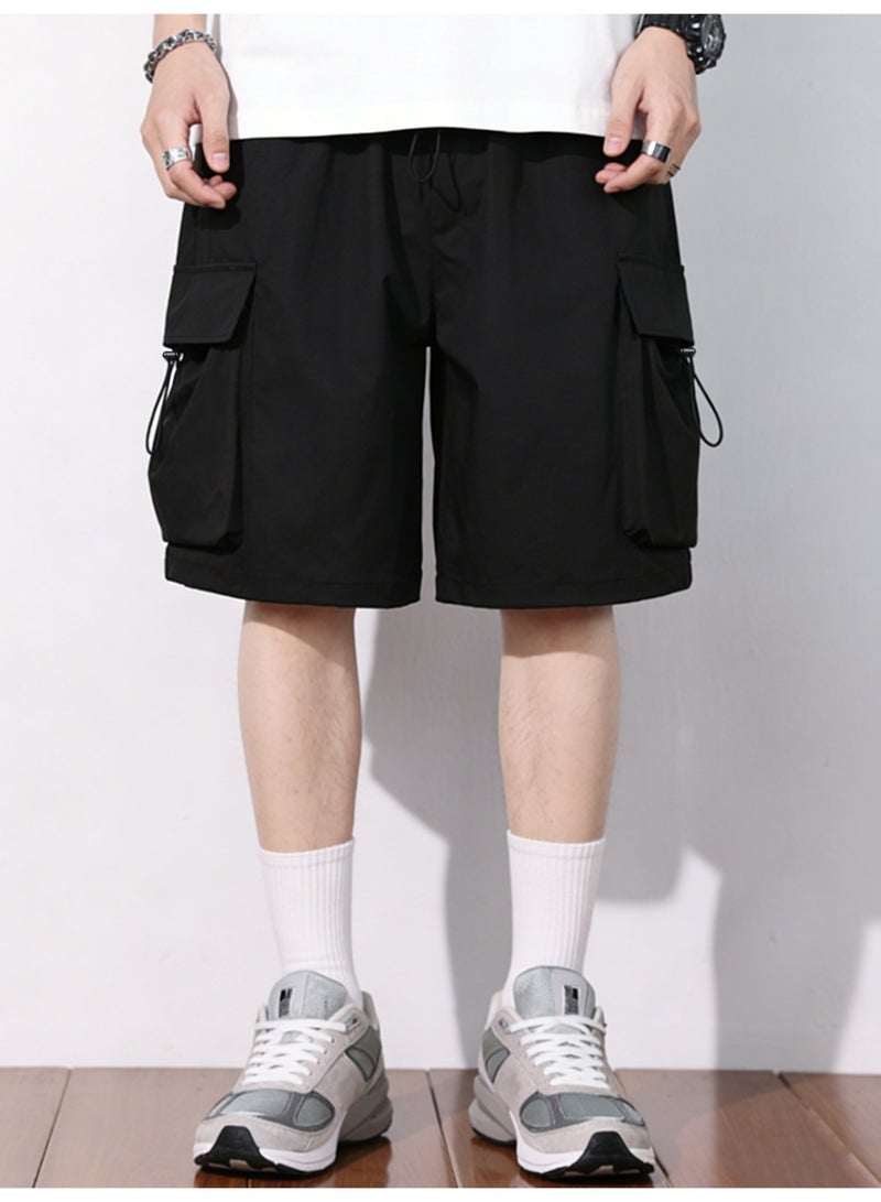 Men's Black Techwear Cargo Shorts Casual Elastic Waist Shorts with Toggle Drawstring and Utility Pockets - Image 2